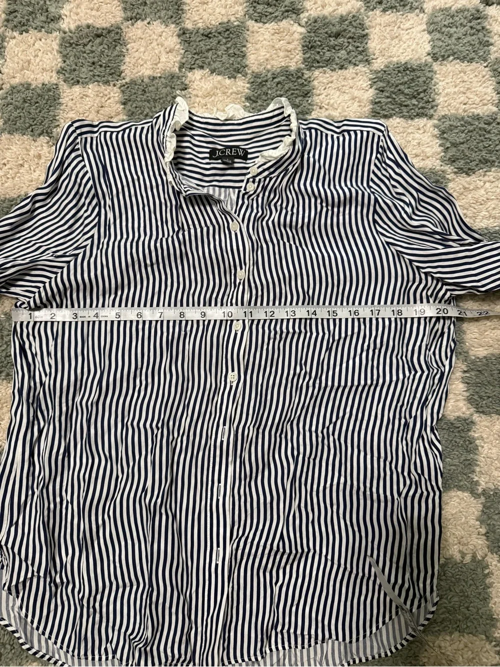J. Crew Women’s Navy and White Vertical Stripe Button Down Shirt Ruffle Trim Lg